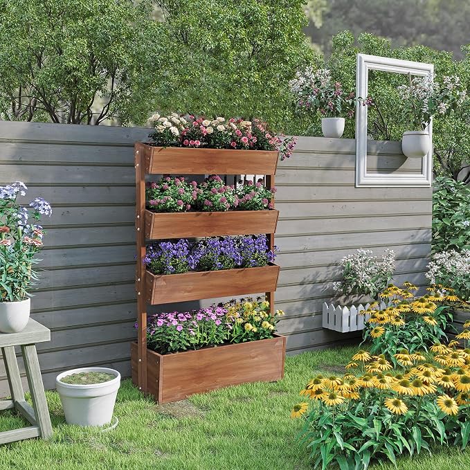 4-Tiers Raised Garden Bed,Vertical Garden Planter,Planter Box,Fir Wood Adjustable Freestanding Elevated Herb Stand Tower,Flower Strawberry Vegetable for Outdoor Balcony,33x17x55 Inches,Brown