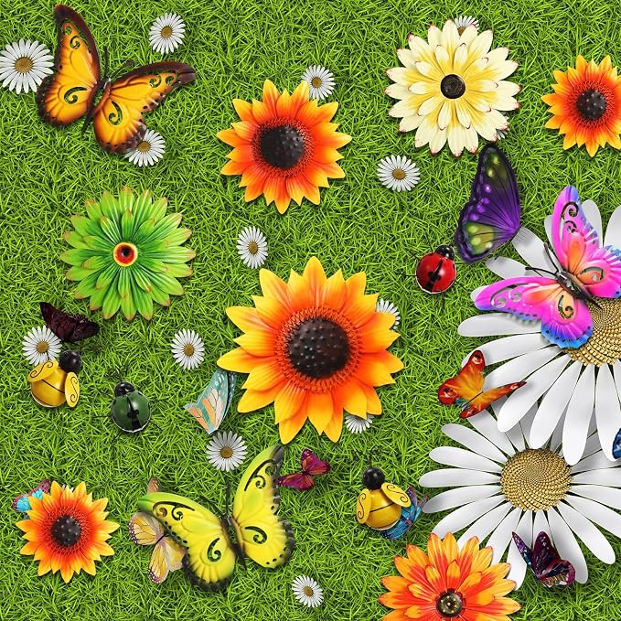 Beeveer 14 Pcs Metal Flower Decor 3D Sunflower Daisy Multicolored Garden Art Outdoor Decorations Butterfly Bee Ladybug Wall Art for Yard Fence Home