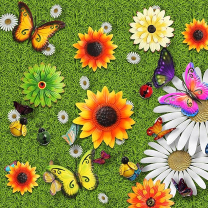 Beeveer 14 Pcs Metal Flower Decor 3D Sunflower Daisy Multicolored Garden Art Outdoor Decorations Butterfly Bee Ladybug Wall Art for Yard Fence Home