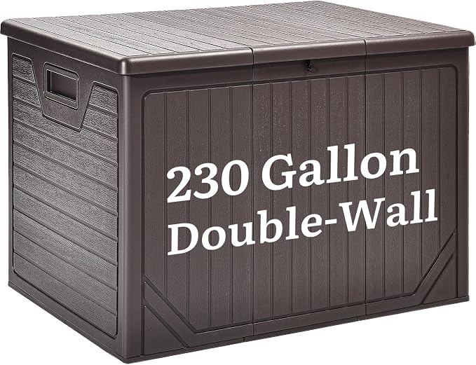YITAHOME XXL 230 Gallon Extra Large Outdoor Deck Box | Lockable Resin Double-Wall Storage Box and Waterproof Patio Furniture Bin for Garden Tools & Pool Accessories, Brown