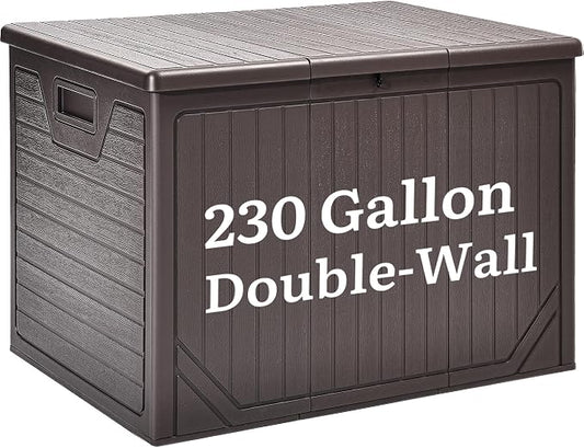 YITAHOME XXL 230 Gallon Extra Large Outdoor Deck Box | Lockable Resin Double-Wall Storage Box and Waterproof Patio Furniture Bin for Garden Tools & Pool Accessories, Brown