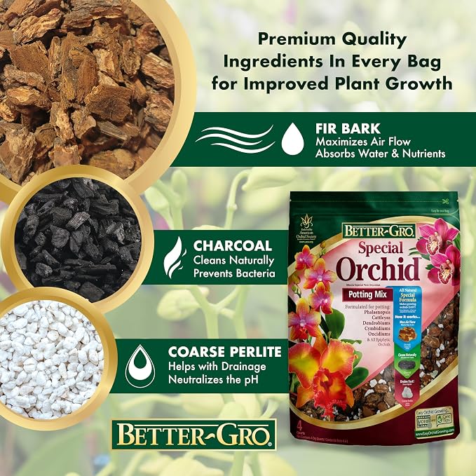 Better-Gro Special Orchid Mix - Premium Grade Orchid Bark Potting Mix for Potting, Repotting, Enhanced Drainage, Air Flow & Root Ventilation, for Phalaenopsis, Cattleyas, Dendrobiums, 8 Quarts