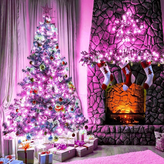 100FT 300 LED Christmas Lights Outdoor, Plug in Christmas Tree Lights Waterproof, 8 Modes Connectable Green Wire String Lights for Outside Indoor Patio Garden Holiday Party Decorations, Pink