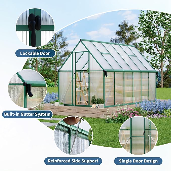 GarveeLife 8X14FT Polycarbonate Greenhouse with Aluminum Frame, Polycarbonate Greenhouse for Outdoors, Greenhouses with Ventilation and Rain Gutter, Aluminum Large Walk-in Greenhouses for Outside