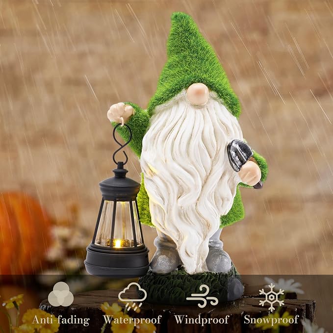 TERESA'S COLLECTIONS Christmas Outdoor Statue for Home, Resin Gnome Decorations with Solar Outdoor Lights for Garden Decor,Green Garden Sculptures & Statues for Front Patio Lawn, Gifts for Mom,12"