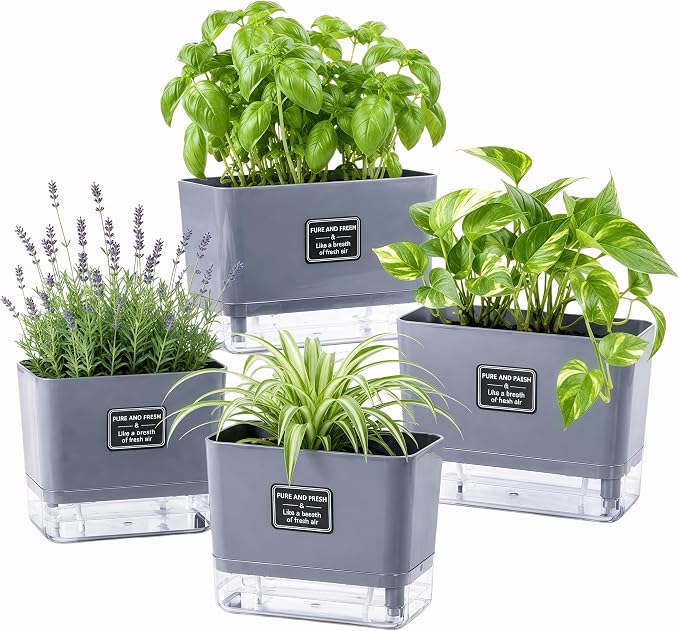 Self Watering Planters 4 Pack, 7 Inch Rectangle Plant Pots with Visible Water Reservoir, Indoor Outdoor Herb Planter Boxes for Windowsill，African Violets，Succulents，Flowers，Kitchen，Office，Balcony Gray