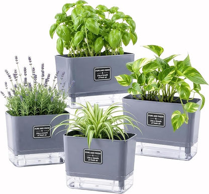 Self Watering Planters 4 Pack, 7 Inch Rectangle Plant Pots with Visible Water Reservoir, Indoor Outdoor Herb Planter Boxes for Windowsill，African Violets，Succulents，Flowers，Kitchen，Office，Balcony Gray
