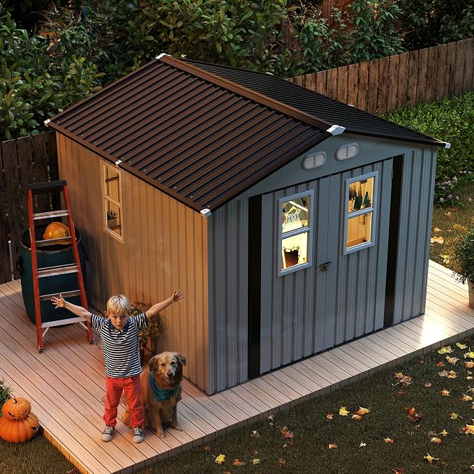 KEIKI 8x8 Outdoor Storage Shed, Metal Garden Shed with 4 Windows and Lockable Doors, Heavy Duty Steel Storage House for Backyard Patio Lawn, Bike Storage, Tool Room, Pet Shelter, White