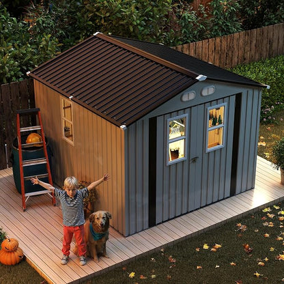 KEIKI 8x8 Outdoor Storage Shed, Metal Garden Shed with 4 Windows and Lockable Doors, Heavy Duty Steel Storage House for Backyard Patio Lawn, Bike Storage, Tool Room, Pet Shelter, White