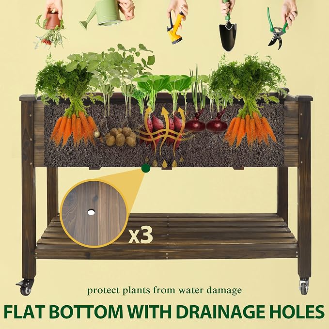 Yardenaler 48x24x33in Raised Garden Bed Featuring Legs, Outdoor Elevated Wood Planted Box Equipped with Wheels & Shelf for Vegetable Flower, Backyard and Patio, Rustic