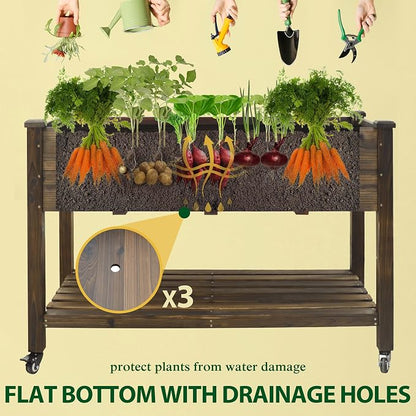 Yardenaler 48x24x33in Raised Garden Bed Featuring Legs, Outdoor Elevated Wood Planted Box Equipped with Wheels & Shelf for Vegetable Flower, Backyard and Patio, Rustic