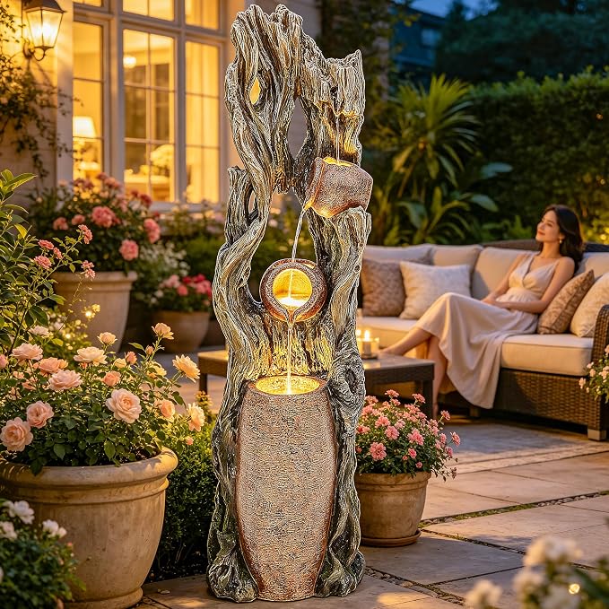 AUTODAYA 42.7" 3-Tier Outdoor Water Fountain LED Tree Trunk Jar Waterfall | Rainforest feature,terra-cotta jar accents, garden patio yard decor