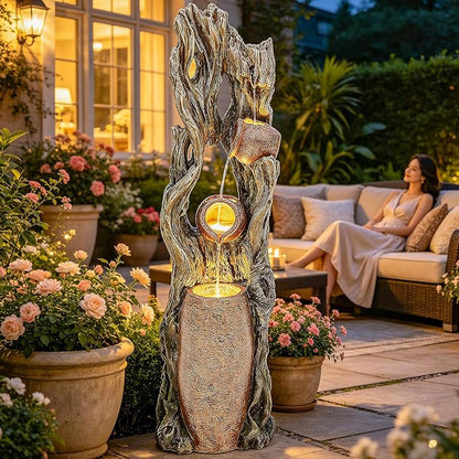 AUTODAYA 42.7" 3-Tier Outdoor Water Fountain LED Tree Trunk Jar Waterfall | Rainforest feature,terra-cotta jar accents, garden patio yard decor