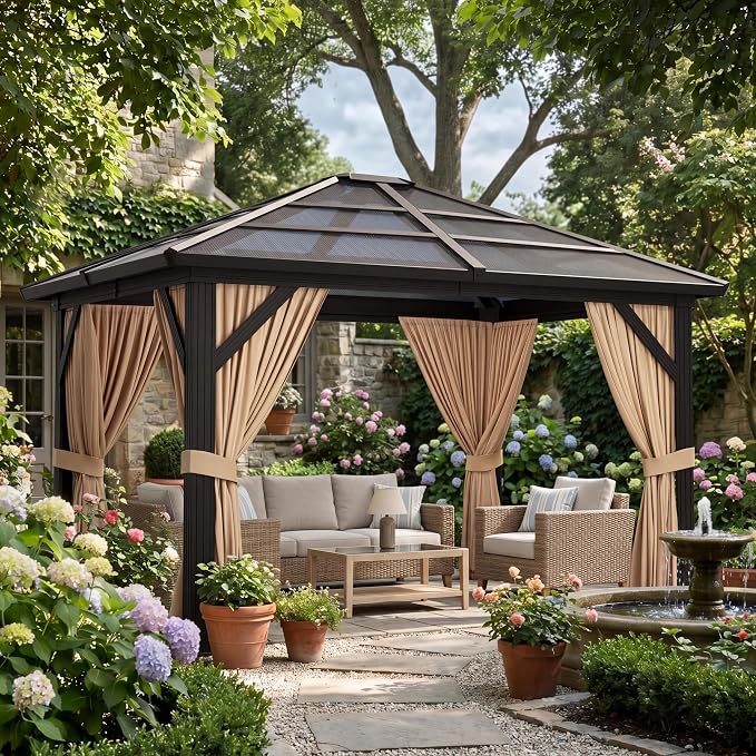GAOMON 10'x12' Hardtop Gazebo, Outdoor Polycarbonate Double Roof Canopy, Aluminum Frame Permanent Pavilion with Curtains and Netting, Sunshade for Garden, Patio, Lawns (10x12ft), Brown