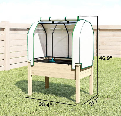 Outsunny Raised Garden Bed with PE Greenhouse Cover Outdoor Elevated Wood Planter Box for Herbs and Vegetables, Use for Patio, Backyard, Balcony, 35 x 22 x 47 inch, Natural