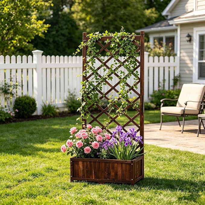 Anraja Raised Garden Bed with Trellis Wooden Flower Standing Planter Box Outdoor Wood Compact Lattice Panels Privacy Screen for Climbing Plant Planting Patio Tomato Vegetable Herb Balcony Porch 67" H