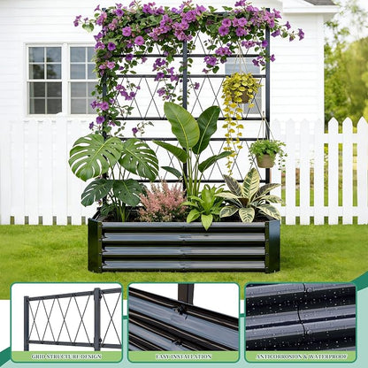 Galvanized Raised Garden Bed with Trellis for Climbing Plants Outdoor,Metal Vertical Garden Planter Box with Trellis,Heavy Duty Elevated Garden Bed for Vegetables Tomatoes Cucumbers Flowers Herb,Black