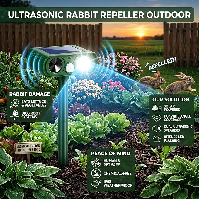 4Pack Ultrasonic Deer Repellent for Plants Solar Animal Repellent Outdoor with Motion Sensor Strobe Light for Rabbit Cat Deterrent Raccoon Squirrel Fortress Pro Keep Pests Out of Yard Farm