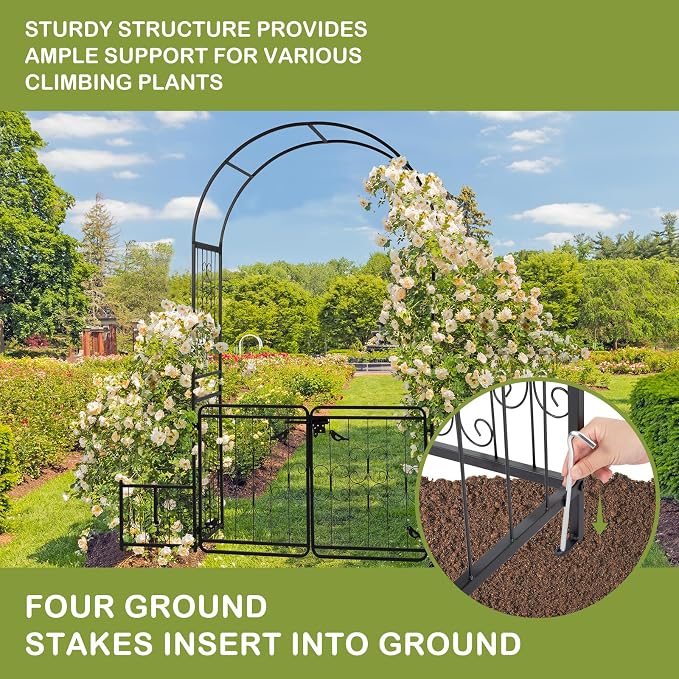 Outvita 7FT Garden Arch Arbor with Entry Door and Plant Frame, Heavy Duty Metal Arbour Archway, Decorative Frame Stand Trellis with Ground Stakes for Wedding Ceremony Party Plant Patio Black