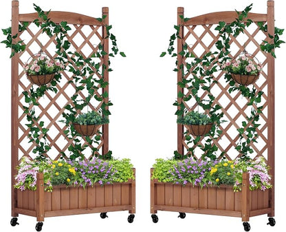 Raised Garden Bed with Trellies 2 Pack, Outdoor Wooden Planter Box for Climbing Plants, Vegetables Herb Growing