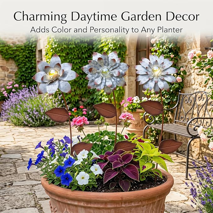 Glow in The Dark Flower Garden Stakes, 3 Pack Colorful Luminous Metal Yard Decor, 14 Inch Outdoor Night Glow Floral Stakes for Lawn, Patio, Flower Beds & Planters
