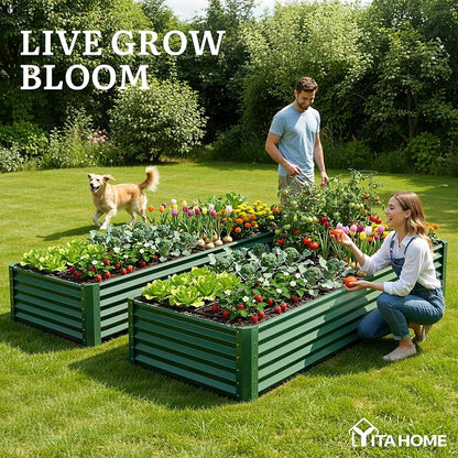 YITAHOME 6x3x1.5ft Galvanized Raised Garden Bed, Metal Planter Box with Safety Rubber, Gloves, Outdoor Flower Bed for Planting Plants Vegetables, Green