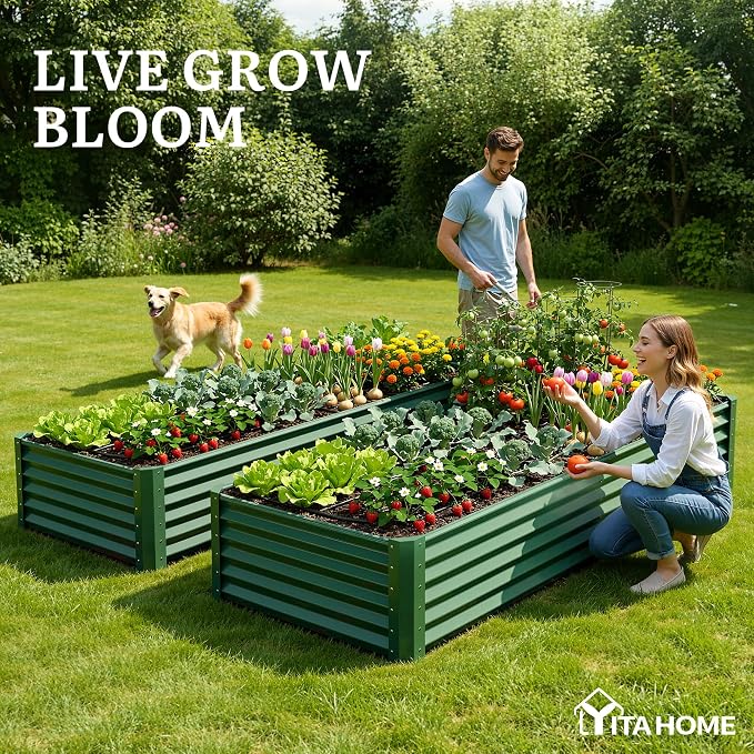 YITAHOME 6x3x1.5 ft Galvanized Raised Garden Bed Kit, Large Metal Planter Box with Gloves & Support Rod, Outdoor Flower Bed for Plants Vegetables, Green