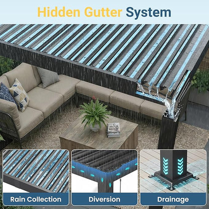 12' x 20' Louvered Pergola, Aluminum Frame Outdoor Pergola with Adjustable Louvered Roof & Integrated Gutter System, Outdoor Hardtop Patio Gazebo for Patio, Backyard, Deck, Garden, Dark Gray