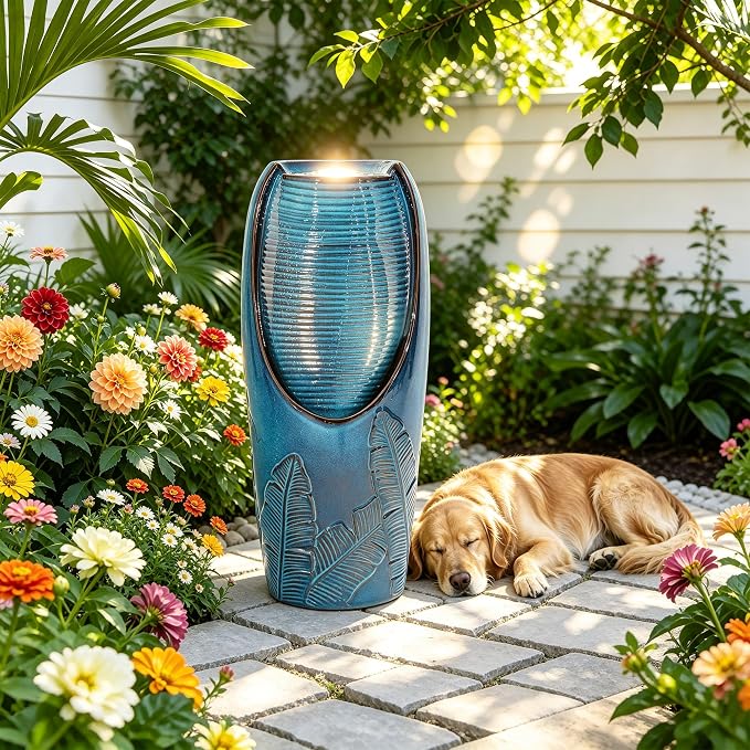Autodaya 33" H Ceramic Jar Outdoor Water Fountain, Banana Leaf-Texture | Artisan High-Fired Glaze, Warm Ambient LED Lighting, Upgraded Pump, Soothing Cascading Water Feature For Garden Patio Yard