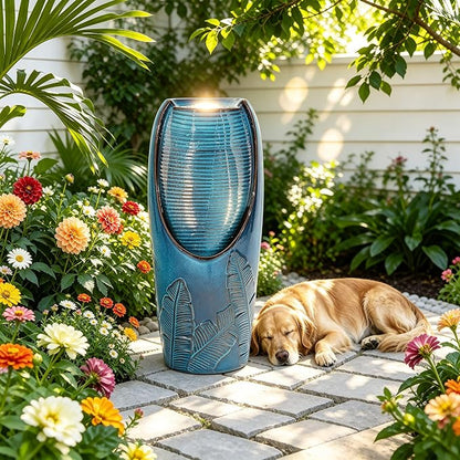 Autodaya 33" H Ceramic Jar Outdoor Water Fountain, Banana Leaf-Texture | Artisan High-Fired Glaze, Warm Ambient LED Lighting, Upgraded Pump, Soothing Cascading Water Feature For Garden Patio Yard
