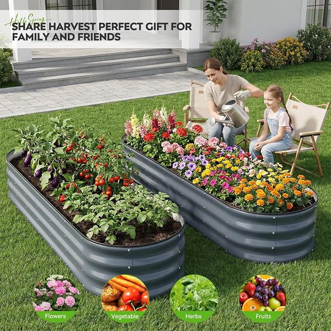 Galvanized Raised Garden Bed 2 Pack, 8x2x1ft Oval Metal Planter Box Outdoor with Support Rods & Corner Protection, Planter Beds for Vegetables, Fruits, Flowers (Grey)