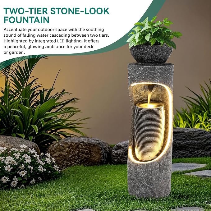 40" Innovative LED Strip Outdoor Water Fountain with Birdfeeder | Unique Dual-Layer Structure Garden Fountain with Soothing Waterfall Foutain for Patio Backyard Garden or Porch Decor
