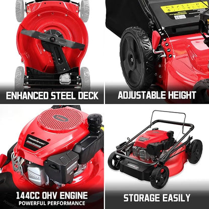 PowerSmart 21-Inch 144cc Gas Lawn Mower & 16-Inch 25.4cc String Trimmer/Edger with 10-Inch Brush Cutter for Grass Cutting