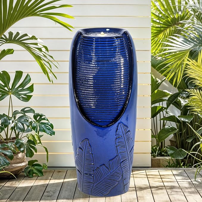 Autodaya 33" Outdoor Fountain with LED Lights, Rich Blue Glaze Ceramic Jar | Decorative Water Fountian with Tropical Leaf Texture, Soothing Water Flow, relaxing focal point for Patio Yard Porch oasis