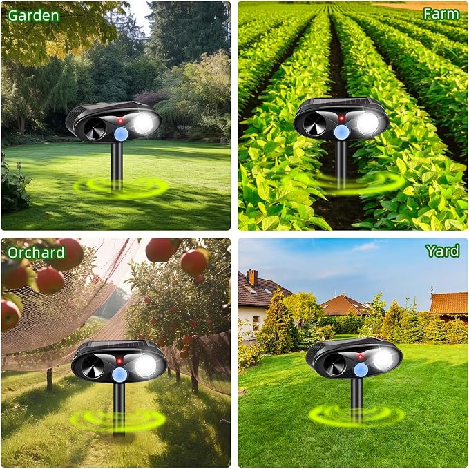 4 Pack Upgraded Solar Animal Repellent Ultrasonic Outdoor for Cats, Raccoons,Squirrels,Rabbits &Foxes,Sonic Deer Repellent Devices Waterproof with Motion Sensor& Flashing Animal Deterrent for Garden