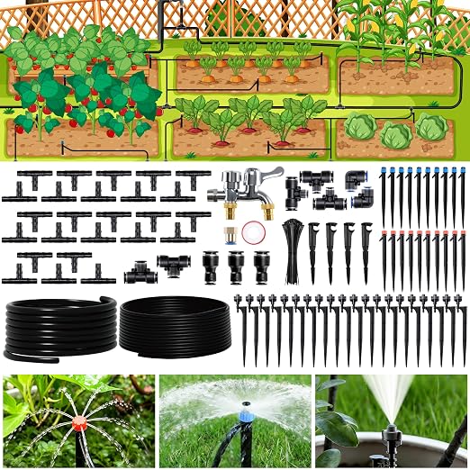 Drip Irrigation System for Garden, Automatic Garden Watering System with 180FT 1/2” & 1/3” Tubing, Dual Faucet, Adjustable Nozzle Emitters for Garden, Greenhouse, Lawn, Potted Plants