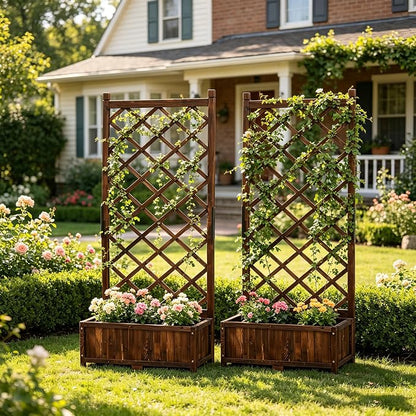 Anraja Raised Garden Bed with Trellis Wooden Flower Standing Planter Box Set of 2 Outdoor Wood Compact Lattice Panels Privacy Screen for Climbing Plant Patio Tomato Vegetable Herb Balcony Porch 67" H