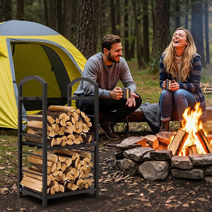 GarveeLife 30 Inch Firewood Rack Outdoor Indoor, High Outdoor Wood Racks for Firewood, Fire Wood Storage with Kindling Hooks, Large Metal Fireplace Log Rack Storage Carrier Organizer, Copper