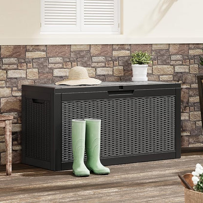 Outdoor Storage Box, 60 Gallon Resin Deck Boxes Outdoor Waterproof For Patio Furniture, Garden Tools, Pool Supplies, Lockable And UV Resistant (Rattan Black)