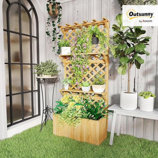 Outsunny Wooden Planter with Trellis, Raised Garden Bed with Hanging Roof, Plant Shelf, Drainage Holes and Bed Liner, for Climbing Plants, Vegetables, Flowers, 30" x 13" x 70", Natural