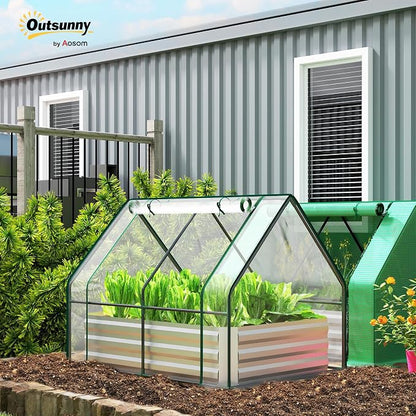 Outsunny 4 x 3 x 3ft Raised Garden Bed with Mini Greenhouse, Galvanized Raised Garden Bed with Cover for Herbs and Vegetables, Small Greenhouse for Patio Garden Balcony, Clear and Gray
