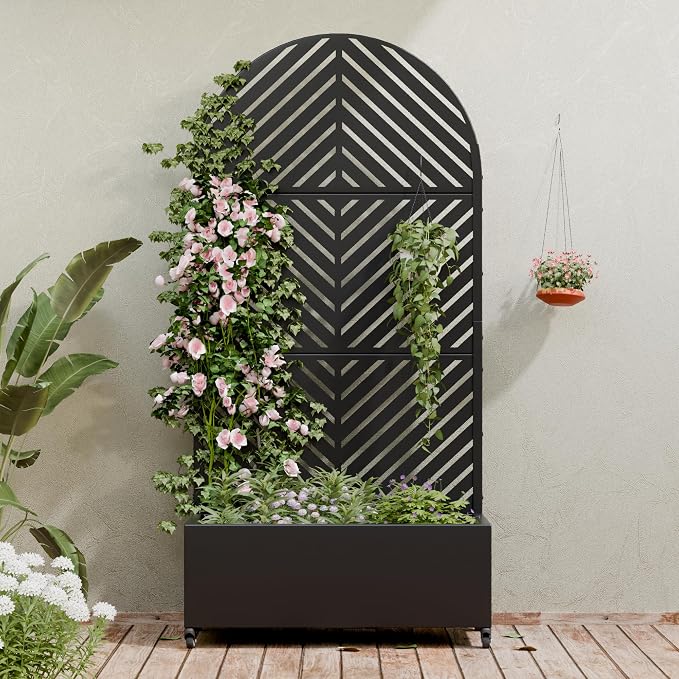 Casaphoria Metal Raised Garden Bed with Trellis and Wheels, 72"x35"x16" Arched Planter Box for Climbing Plants, Vegetables & Vines, Features Drainage Holes and Privacy Screen (Black-Parallel)