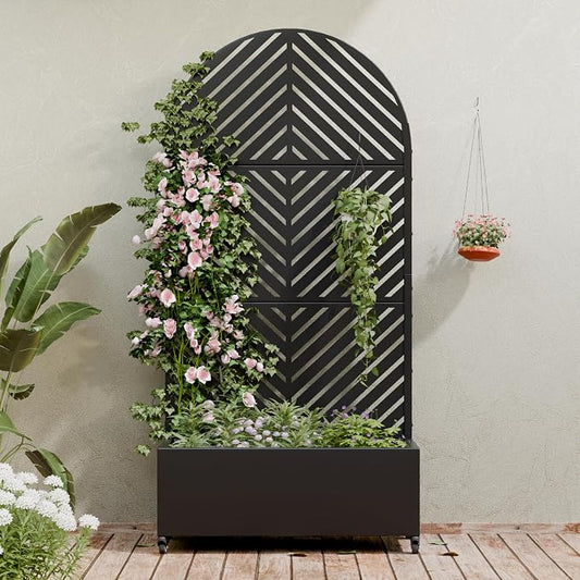 Casaphoria Metal Raised Garden Bed with Trellis and Wheels, 72"x35"x16" Arched Planter Box for Climbing Plants, Vegetables & Vines, Features Drainage Holes and Privacy Screen (Black-Parallel)