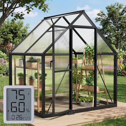 6x4FT Greenhouse with Hygrometer, Heavy Duty Aluminum Frame Polycarbonate Green House with Vent Window, Waterproof Windproof Warm Plant Greenhouses for Backyard Garden Vegetables Flowers Herbs Growing
