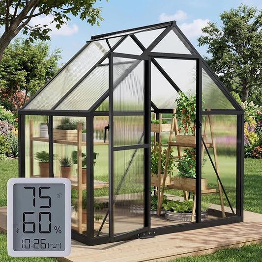 6x4FT Greenhouse with Hygrometer, Heavy Duty Aluminum Frame Polycarbonate Green House with Vent Window, Waterproof Windproof Warm Plant Greenhouses for Backyard Garden Vegetables Flowers Herbs Growing