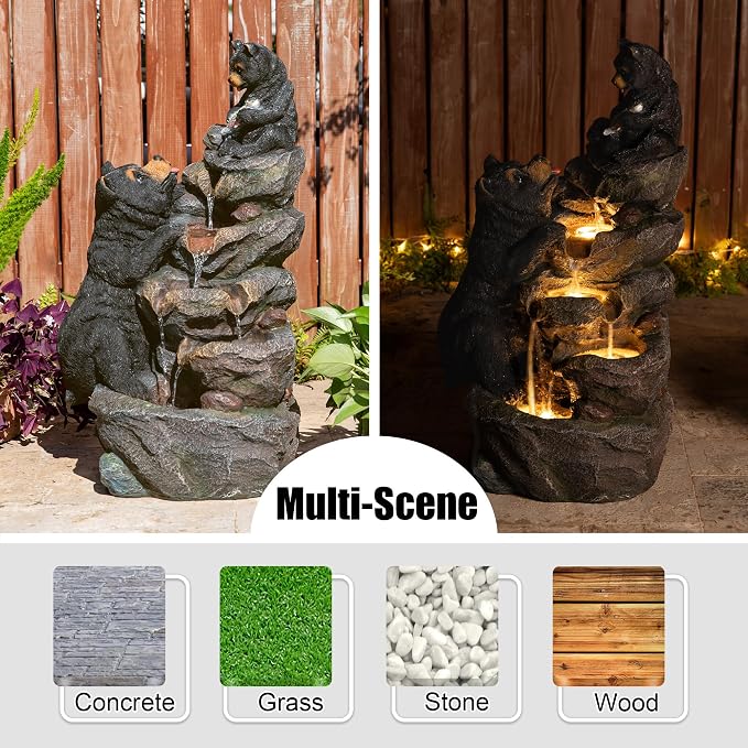 Glitzhome Water Fountain Outdoor, Outdoor Fountain with Lights & Pump, 30.5" H 4-Tiered Mom and Baby Bear Polyresin Cascading Waterfall Floor Standing Water Feature for Garden, Patio, Yard, Deck