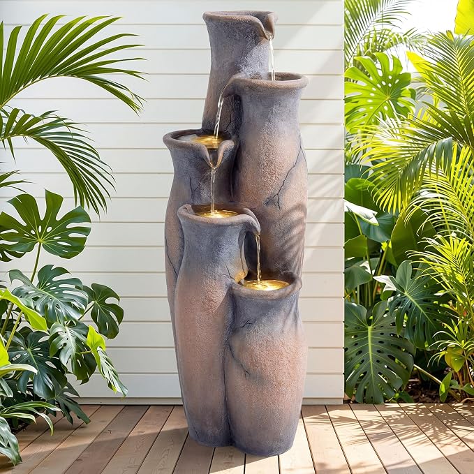 33" H Outdoor Water Fountain with Lights, 5-Tier Faux Terracotta Vase Waterfall, Rustic Cracked Stone Finish Resin Cascading Waterfall Feature with Tranquil Oasis for Garden, Patio, Yard, Porch