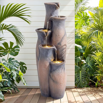 33" H Outdoor Water Fountain with Lights, 5-Tier Faux Terracotta Vase Waterfall, Rustic Cracked Stone Finish Resin Cascading Waterfall Feature with Tranquil Oasis for Garden, Patio, Yard, Porch