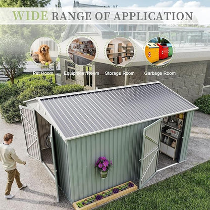 YOPTO 12X10 FT Metal Outdoor Storage Shed W/Flower Pot Stand,White | 3 Lockable Doors,Air Vent,Sloped Roof,Reinforced Structure,Waterproof Outdoor Shed for Garden,Patio,Backyard,Lawn