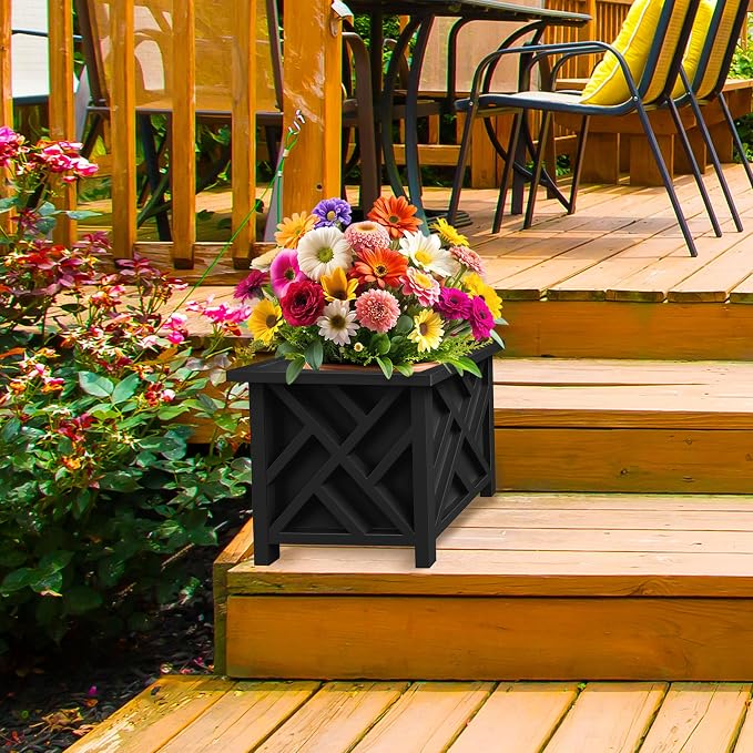 Pure Garden Lattice Design Planter Box - 15.5"D x 15.5"W x 16.5"H - Square Decorative Outdoor Flower or Plant Pot - Front Porch, Patio, and Garden Decor (Black)